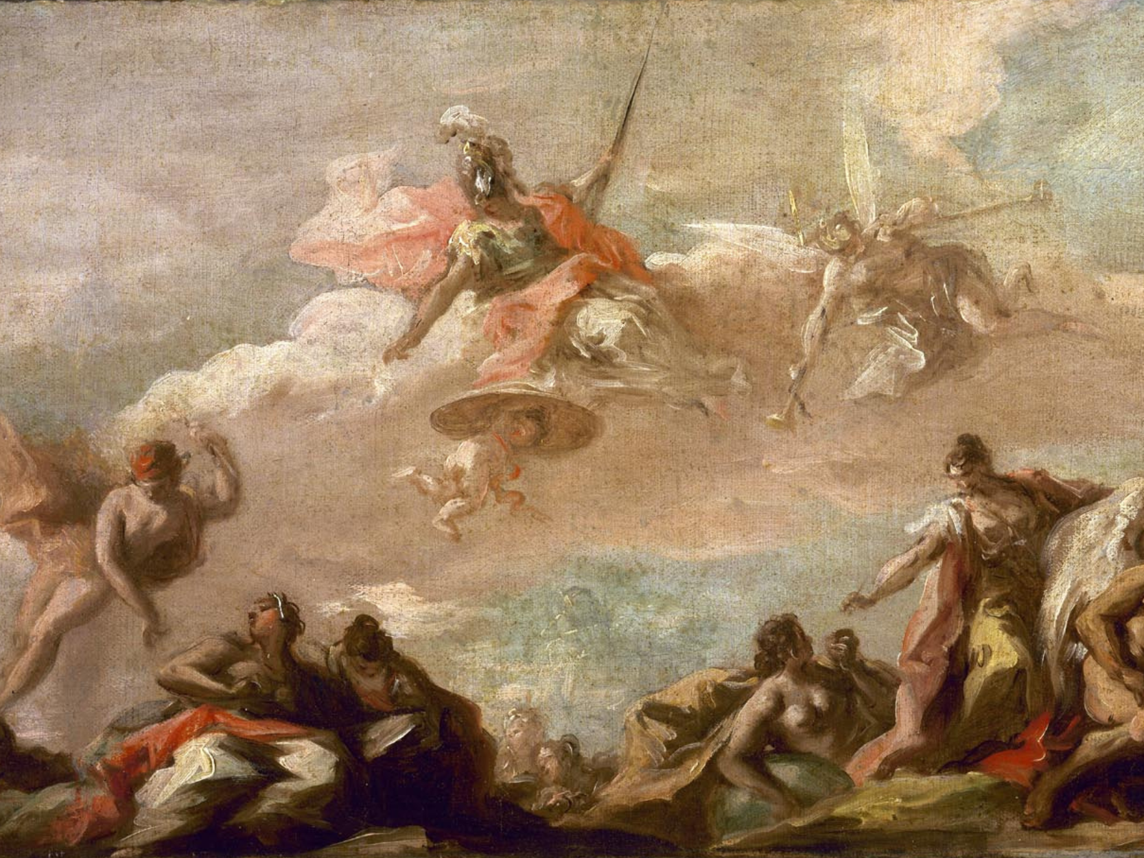 Raffigurazione mitologica in abiti classici raffigurante le allegorie di scienza, poesia e storia