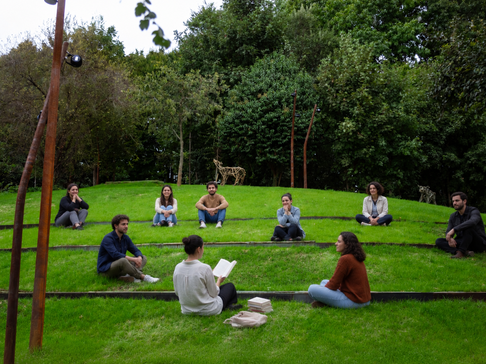 Persone di un club di lettura che leggono nel prato di un parco