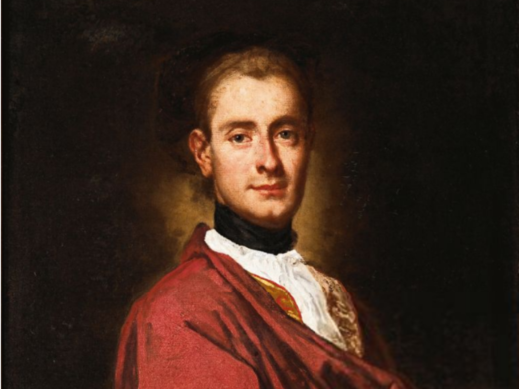 Ritratto su sfondo nero del Conte Carrara vestito di rosso, da nobile del 1700