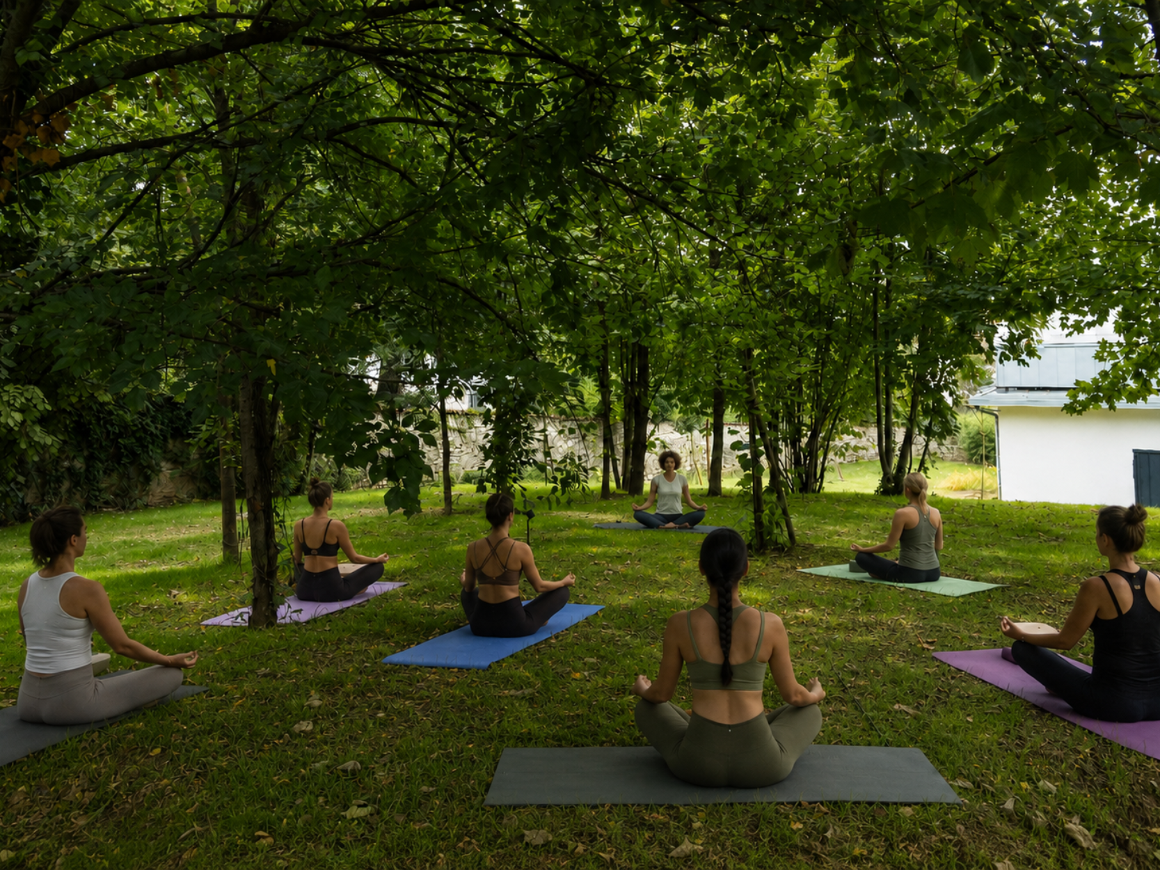 Persone che fanno yoga in un prato verde di un parco